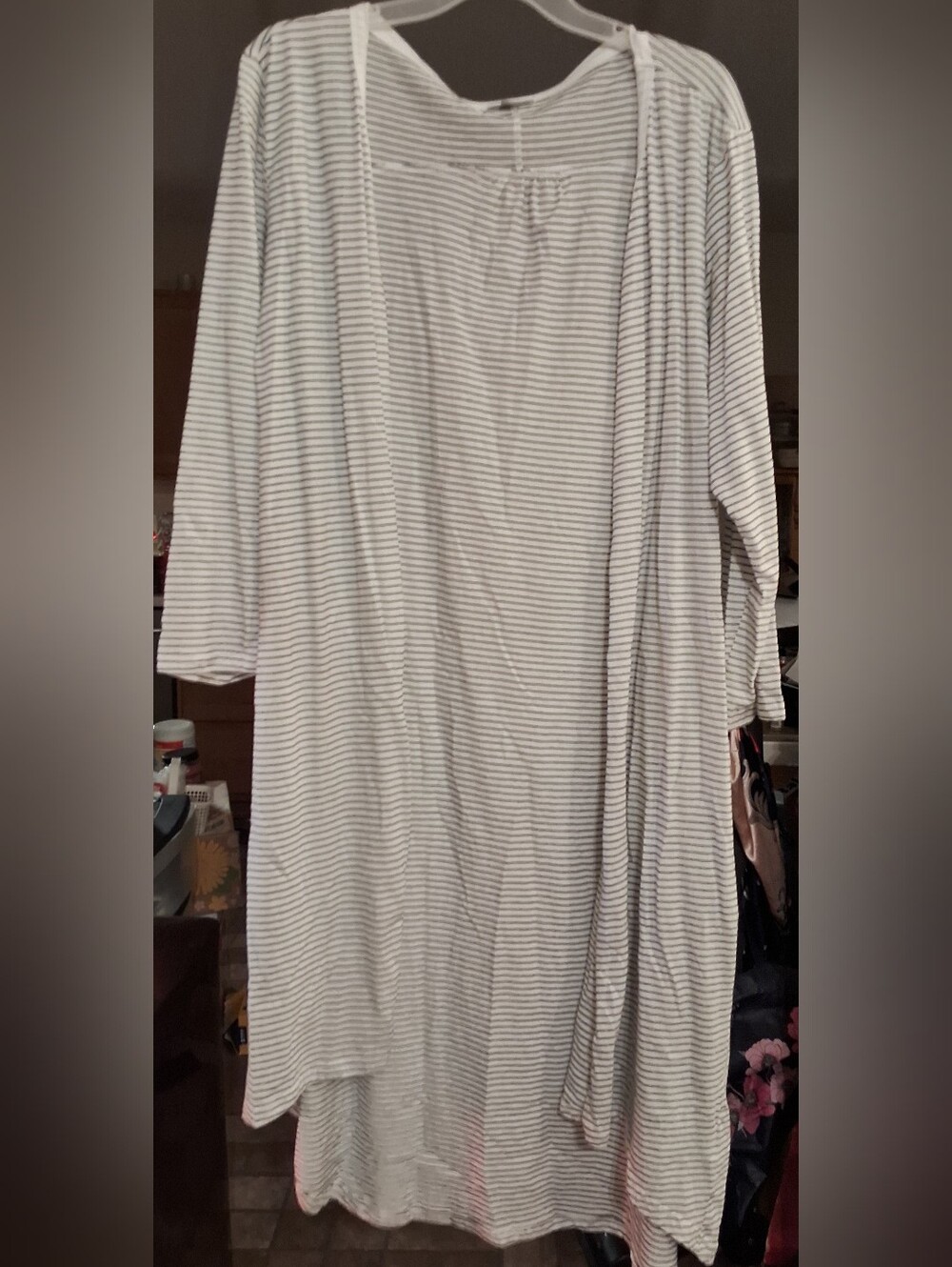Avenue Striped Open-Front Tunic Cardigan in White & Gray